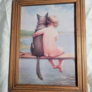 Baby & Dog On Dock By Water Print